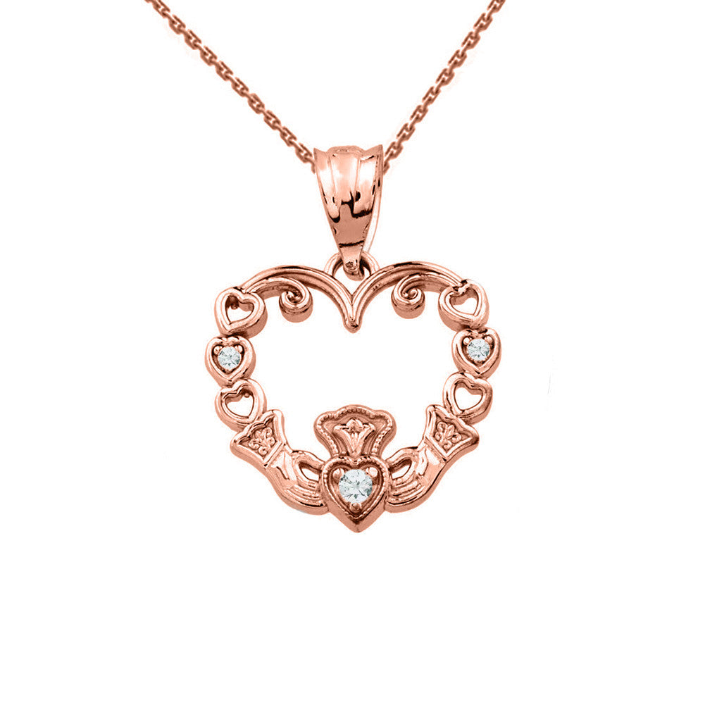 Solid Gold Diamond Claddagh Open Heart Pendant Necklace, view 3