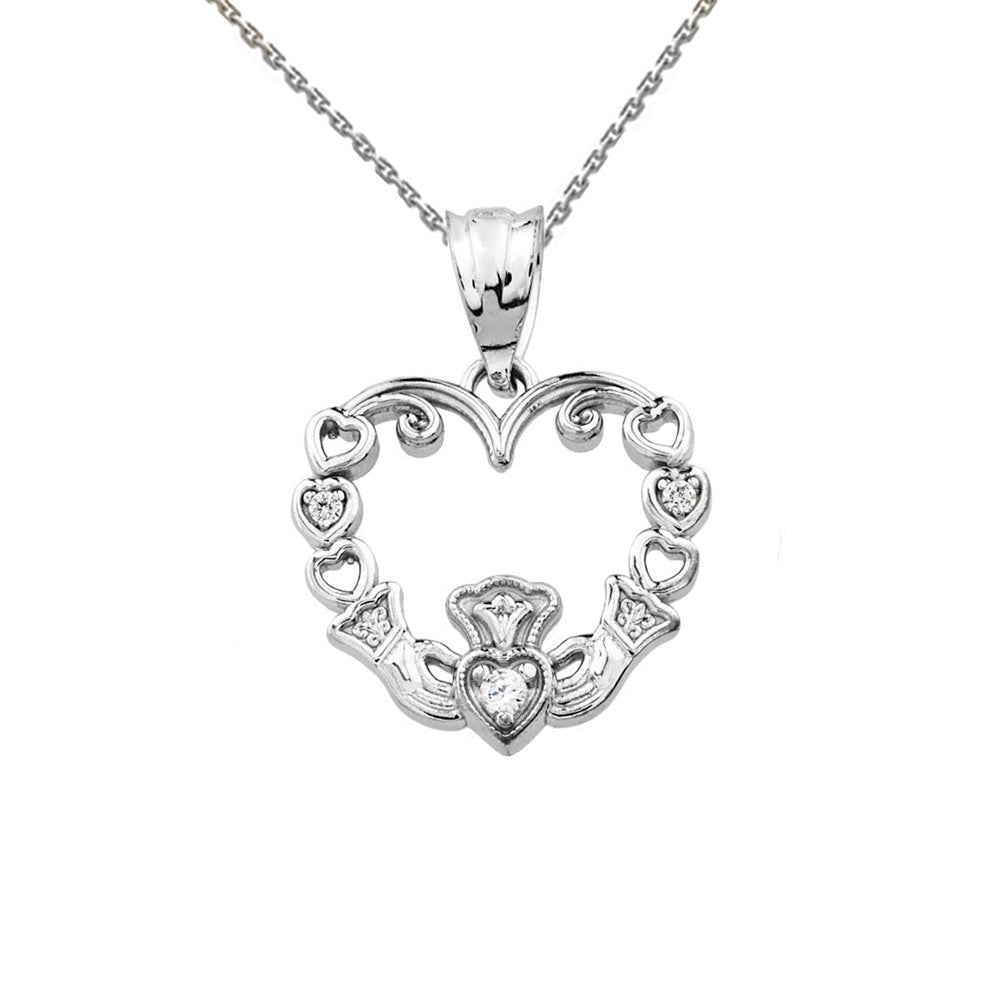 Solid Gold Diamond Claddagh Open Heart Pendant Necklace, view 5