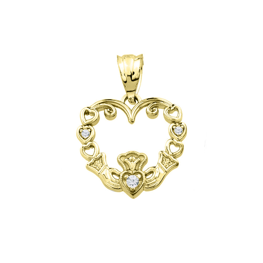 Solid Gold Diamond Claddagh Open Heart Pendant Necklace, view 7