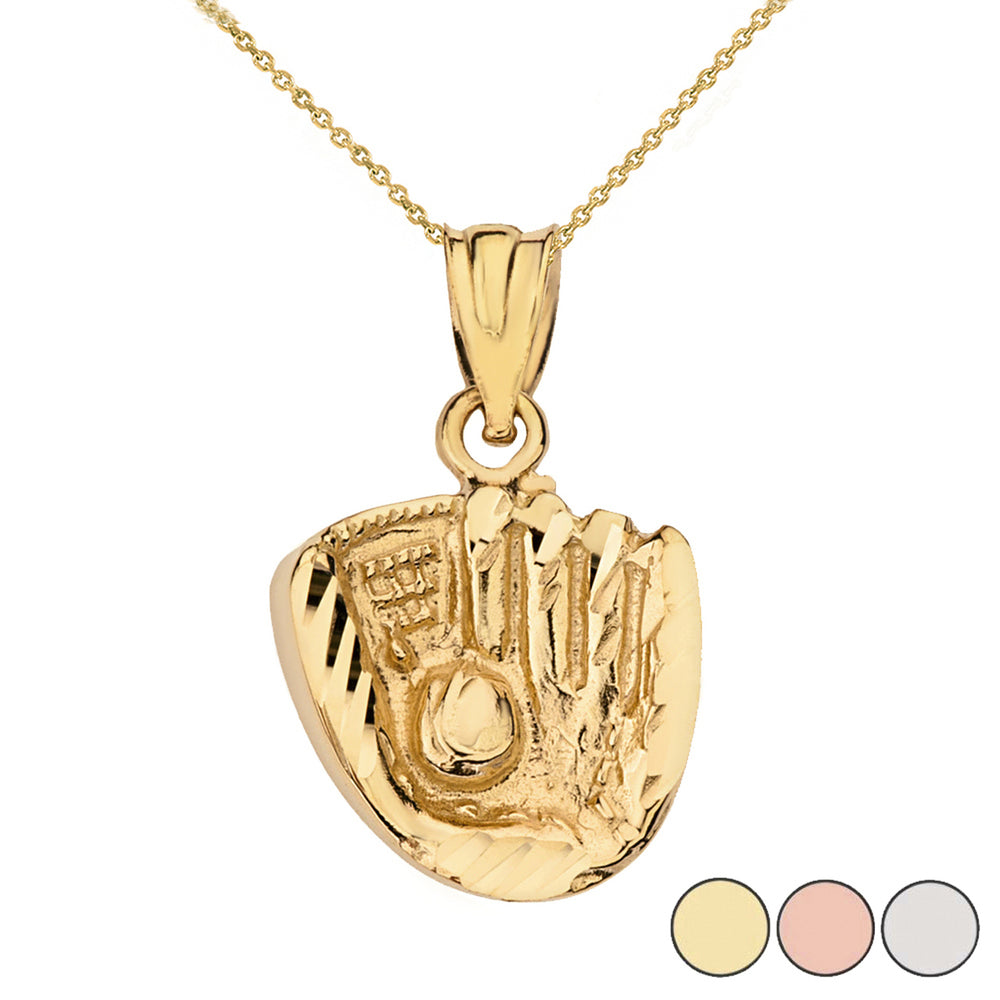 Solid Gold Diamond Cut Baseball Glove Pendant Necklace