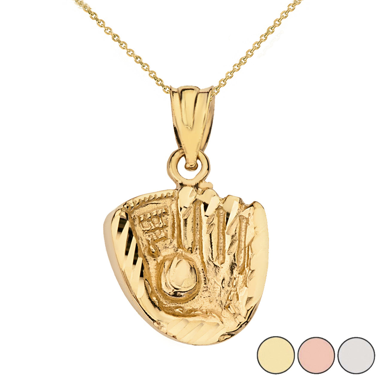 Solid Gold Diamond Cut Baseball Glove Pendant Necklace