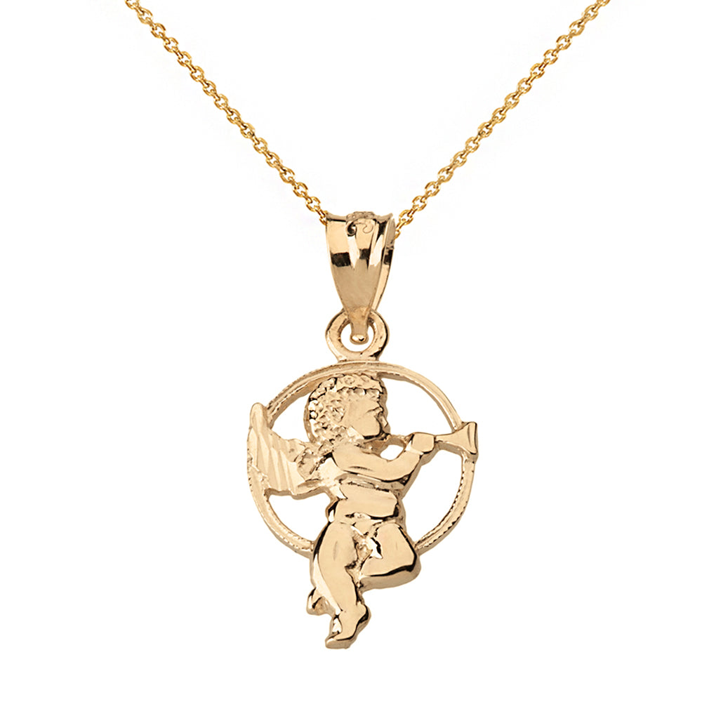 Solid Gold Diamond Cut Cherub Angel Circle Pendant Necklace