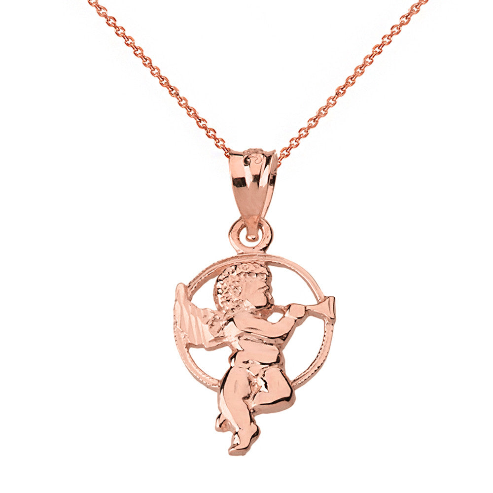Solid Gold Diamond Cut Cherub Angel Circle Pendant Necklace, view 2
