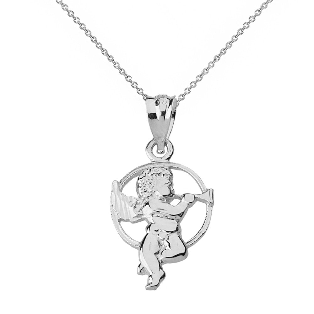 Solid Gold Diamond Cut Cherub Angel Circle Pendant Necklace, view 3