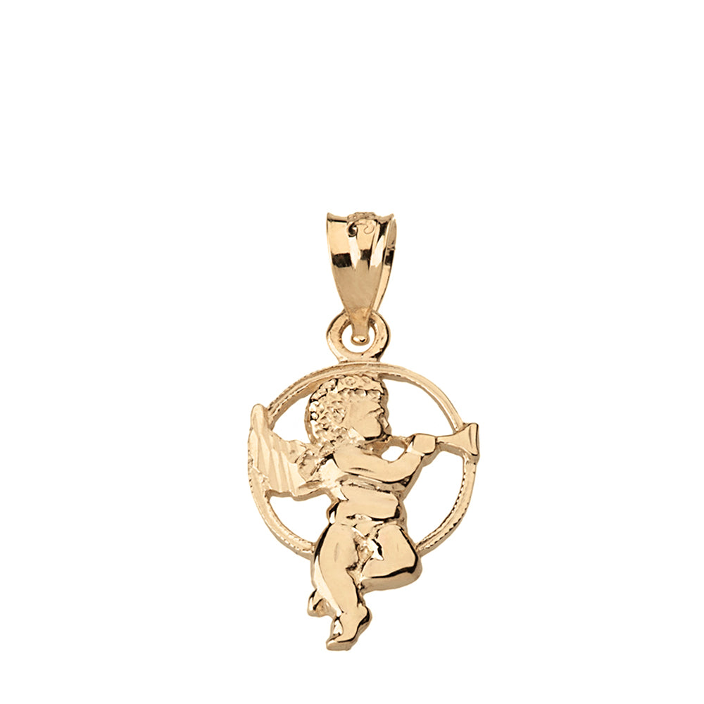 Solid Gold Diamond Cut Cherub Angel Circle Pendant Necklace, view 4