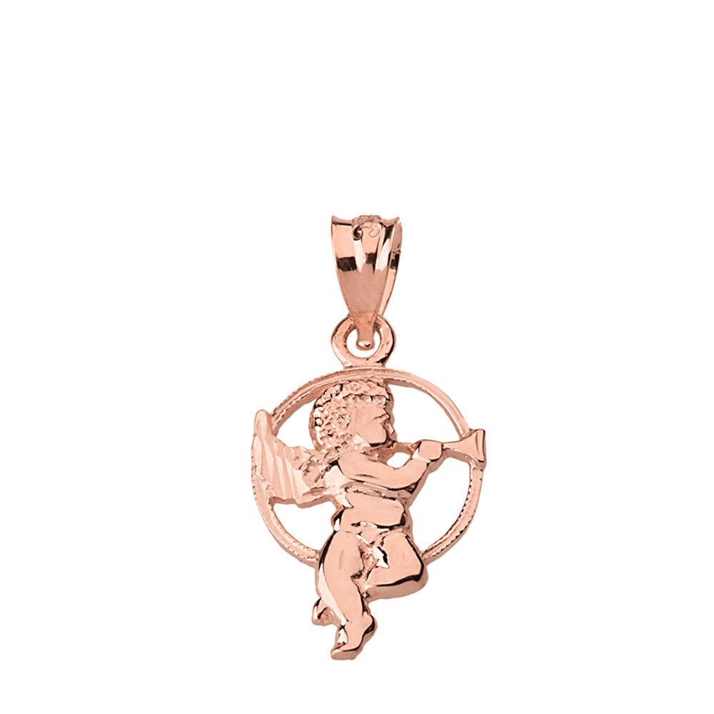 Solid Gold Diamond Cut Cherub Angel Circle Pendant Necklace, view 6