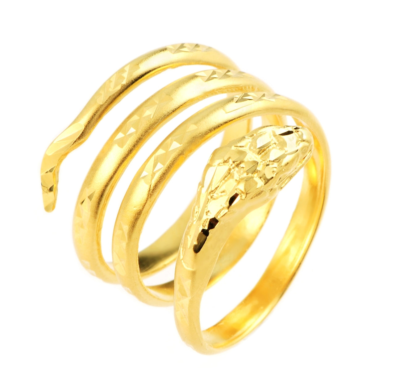 Solid Gold Diamond Cut Coiled Serpent Snake Ring