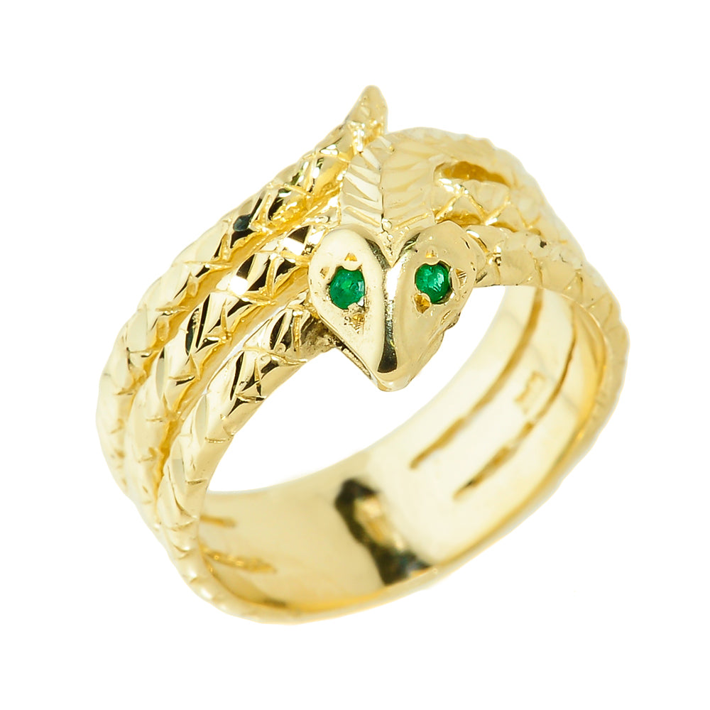 Solid Gold Diamond Cut Coiled Snake Emerald Birthstone Ring