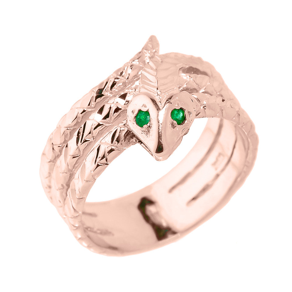 Solid Gold Diamond Cut Coiled Snake Emerald Birthstone Ring, view 2