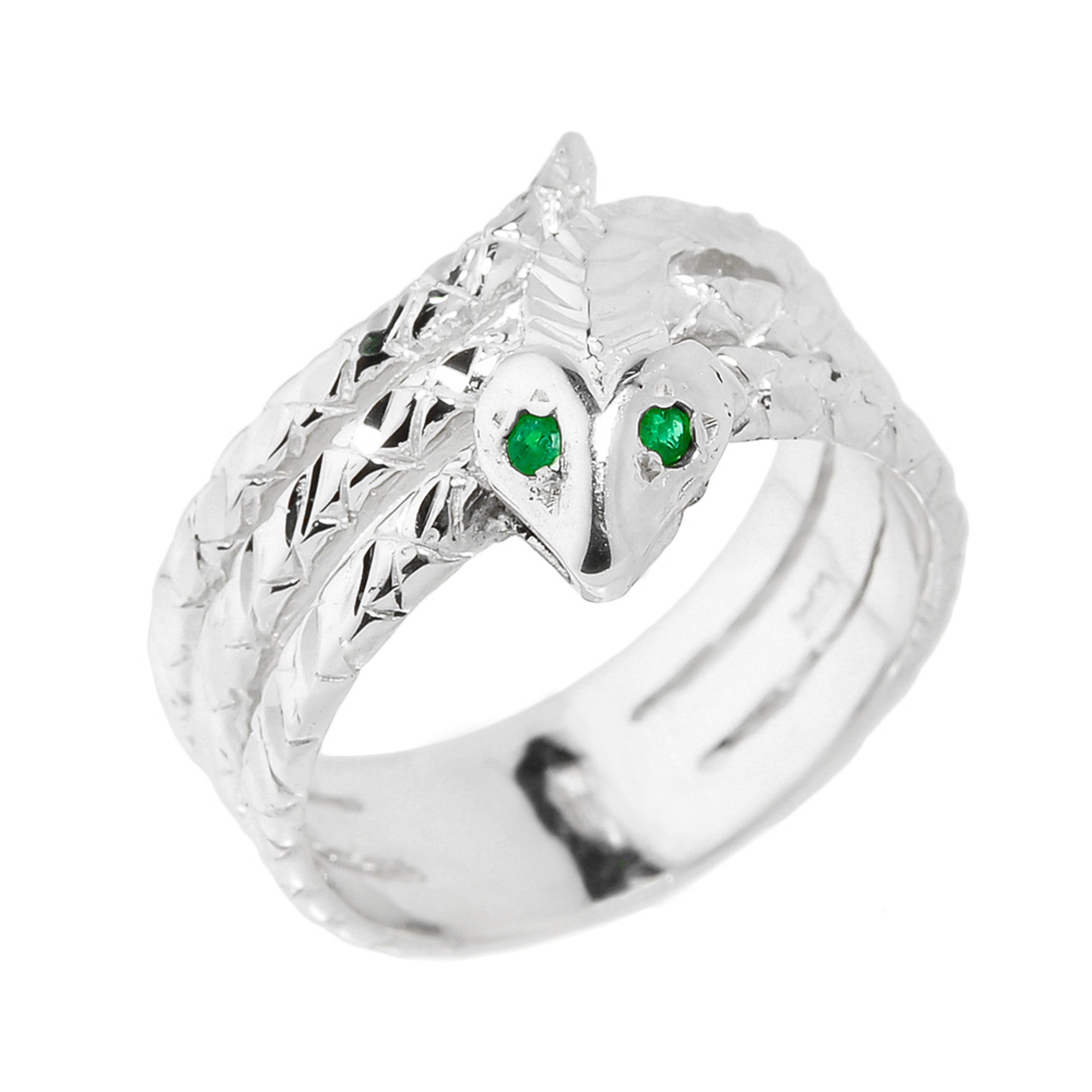 Solid Gold Diamond Cut Coiled Snake Emerald Birthstone Ring, view 3