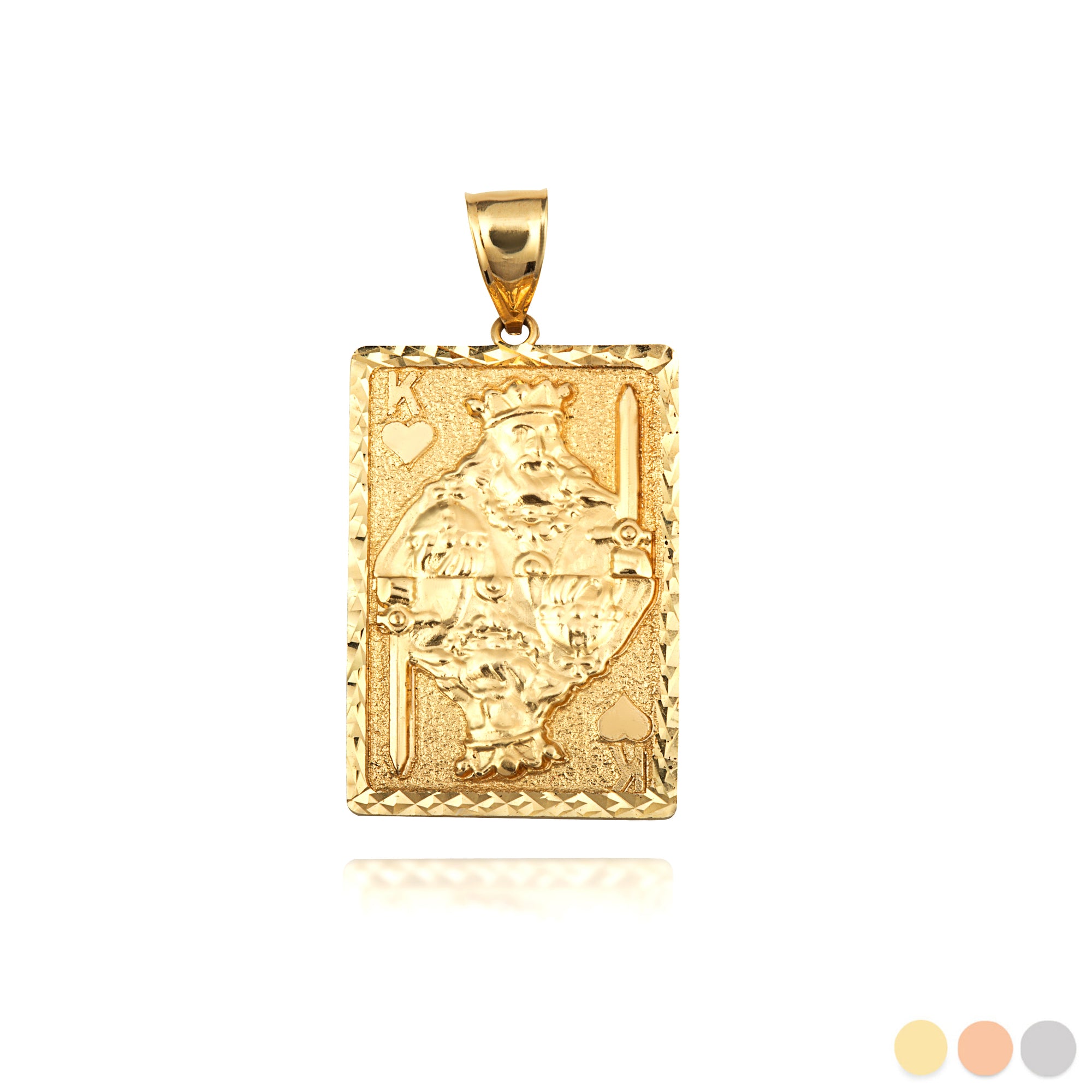 Solid Gold Diamond Cut King Of Hearts Playing Cards Pendant Necklace