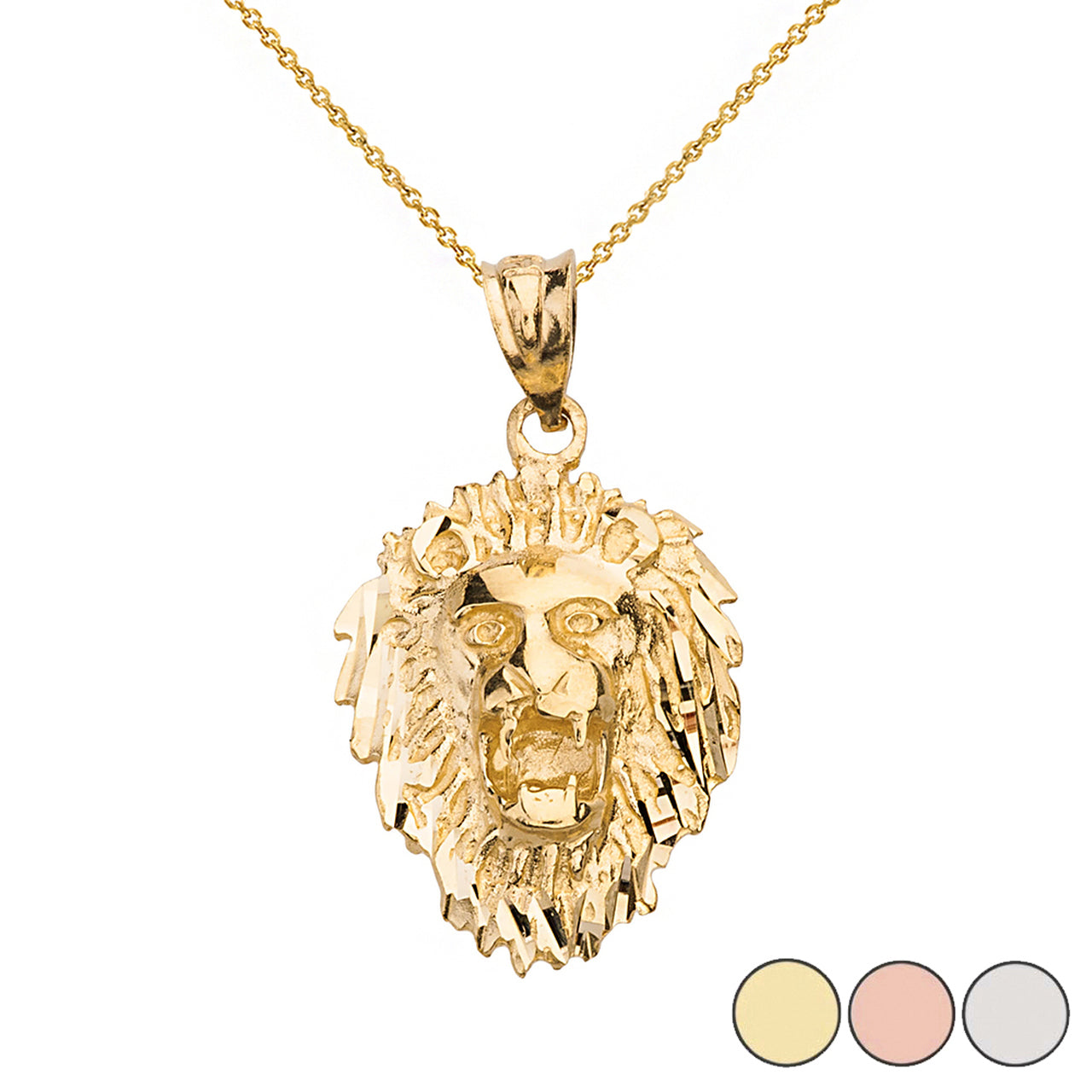Solid Gold Diamond Cut Roaring Lion Head Pendant Necklace