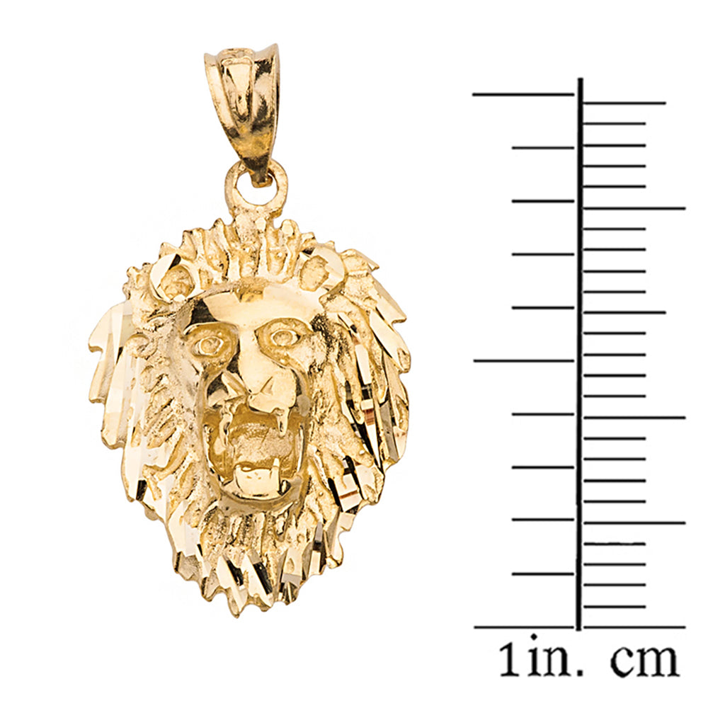 Solid Gold Diamond Cut Roaring Lion Head Pendant Necklace, view 2