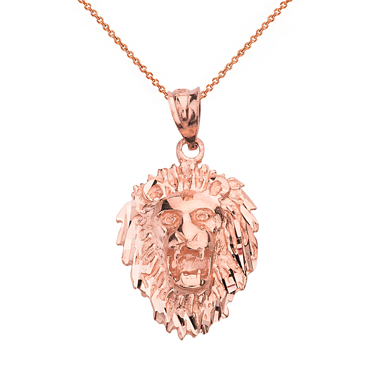 Solid Gold Diamond Cut Roaring Lion Head Pendant Necklace, view 3