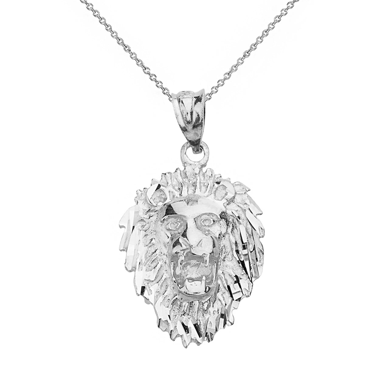 Solid Gold Diamond Cut Roaring Lion Head Pendant Necklace, view 5