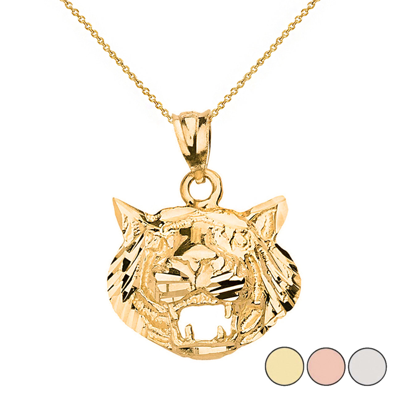 Solid Gold Diamond Cut Roaring Tiger Head Pendant Necklace