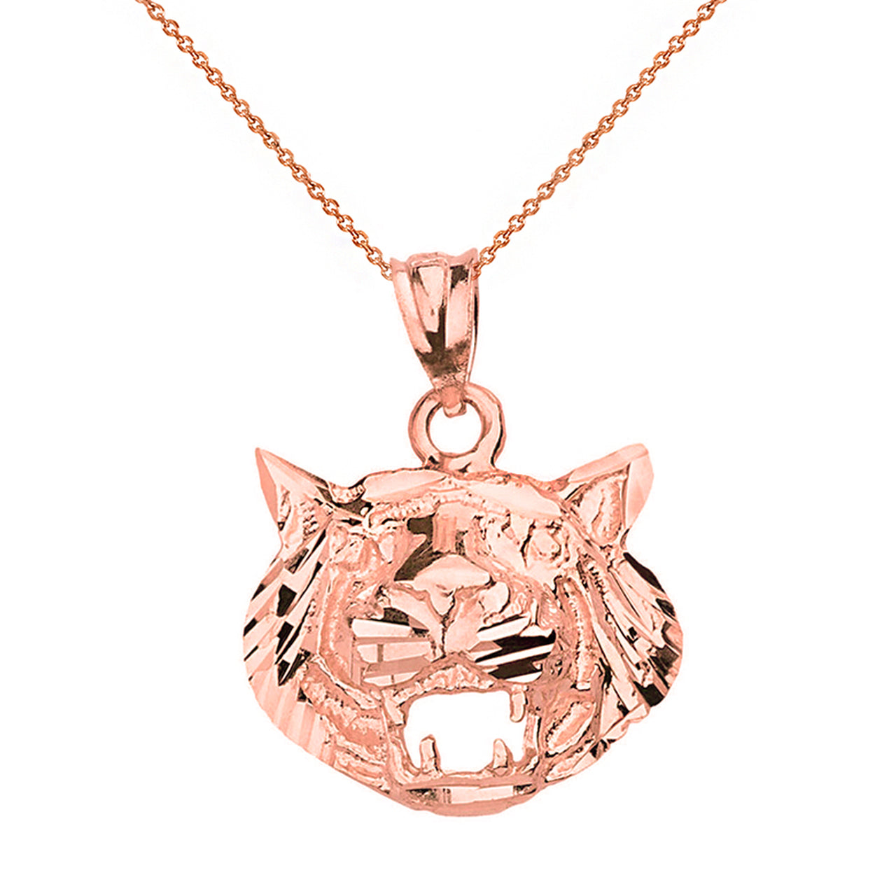 Solid Gold Diamond Cut Roaring Tiger Head Pendant Necklace, view 4