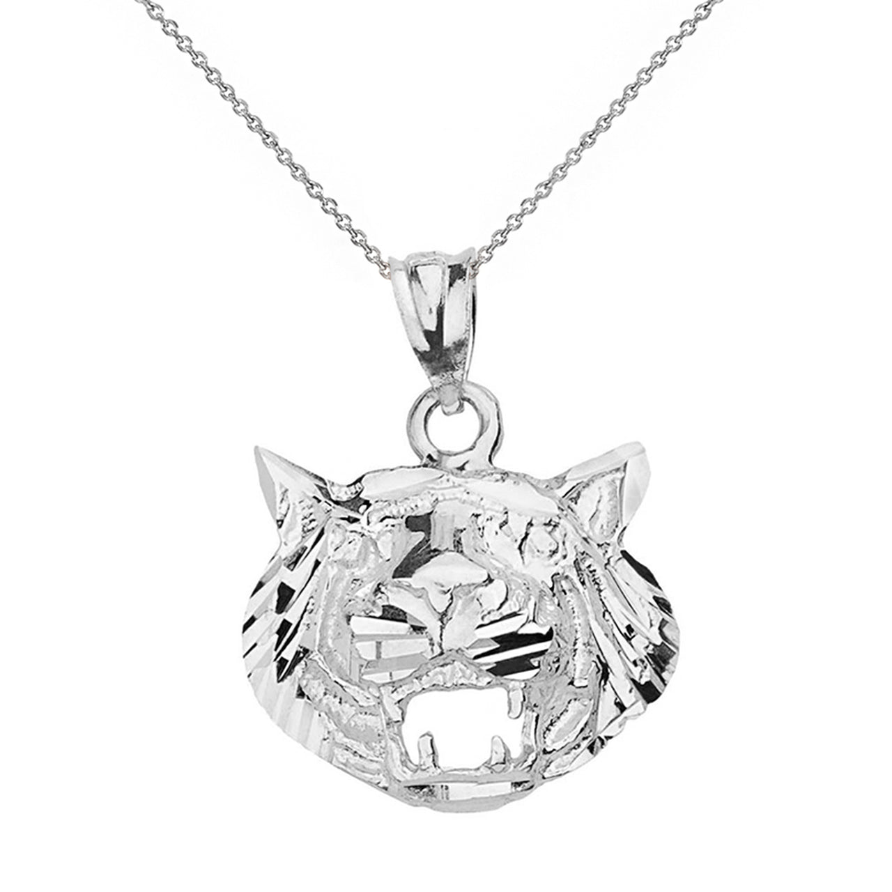 Solid Gold Diamond Cut Roaring Tiger Head Pendant Necklace, view 6