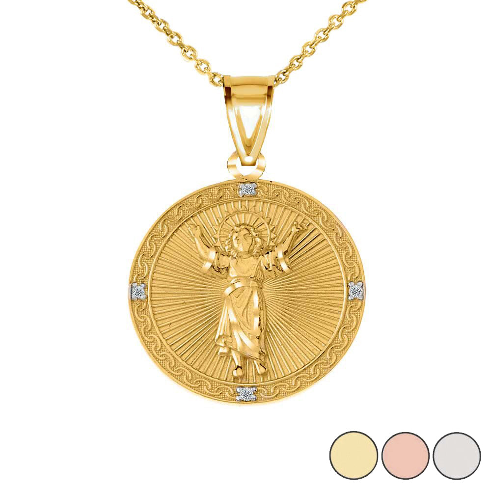 Solid Gold Diamond Divino Niño Jesus Round Medallion Pendant Necklace