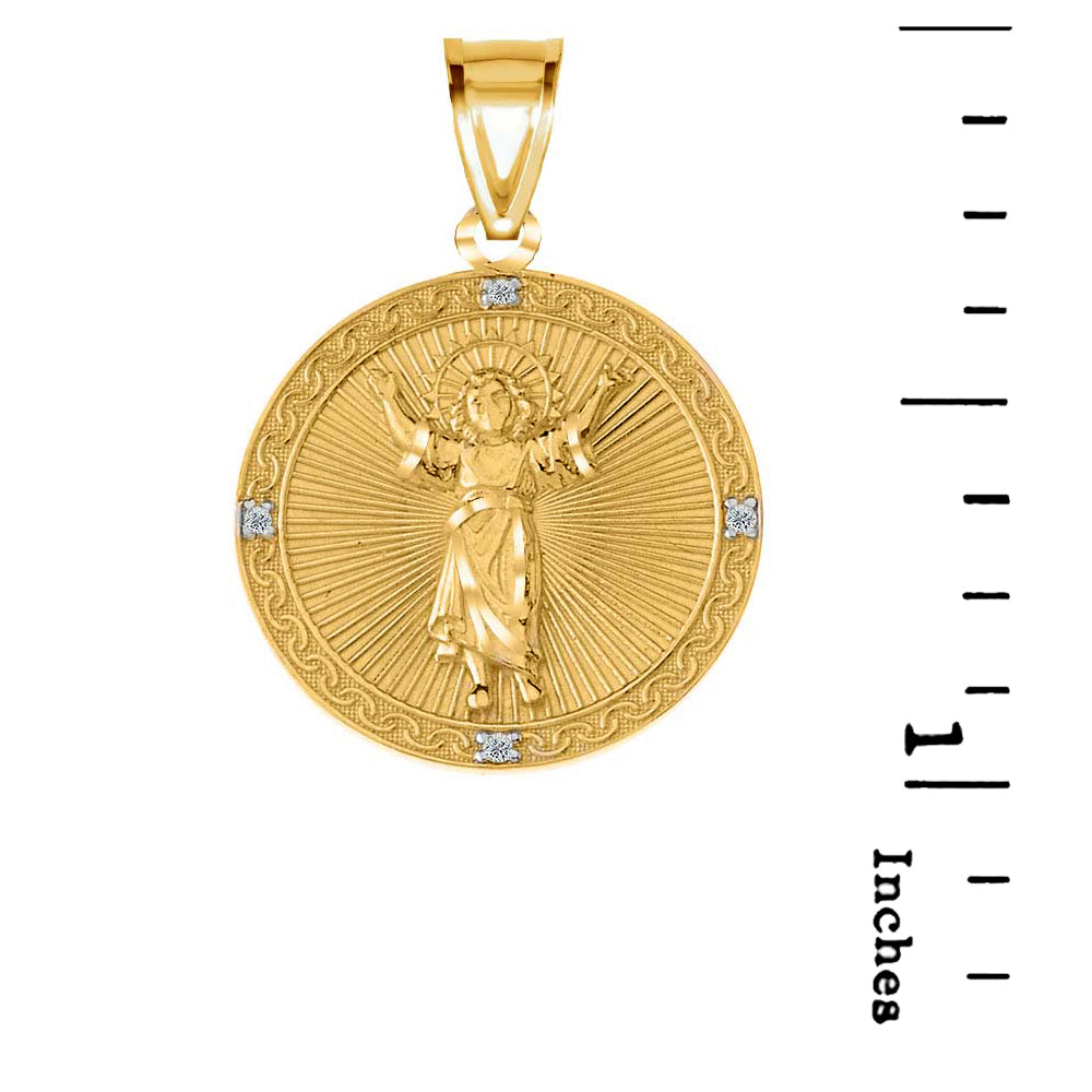 Solid Gold Diamond Divino Niño Jesus Round Medallion Pendant Necklace, view 2