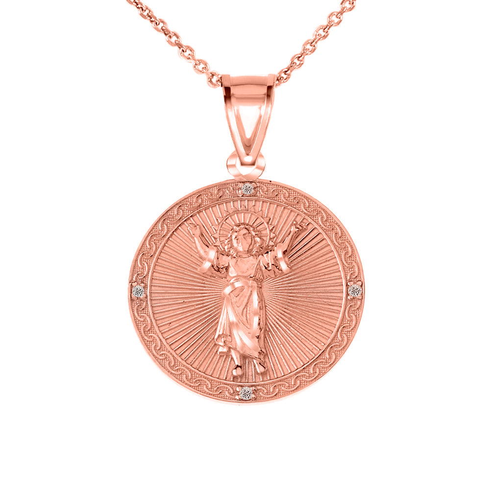Solid Gold Diamond Divino Niño Jesus Round Medallion Pendant Necklace, view 3