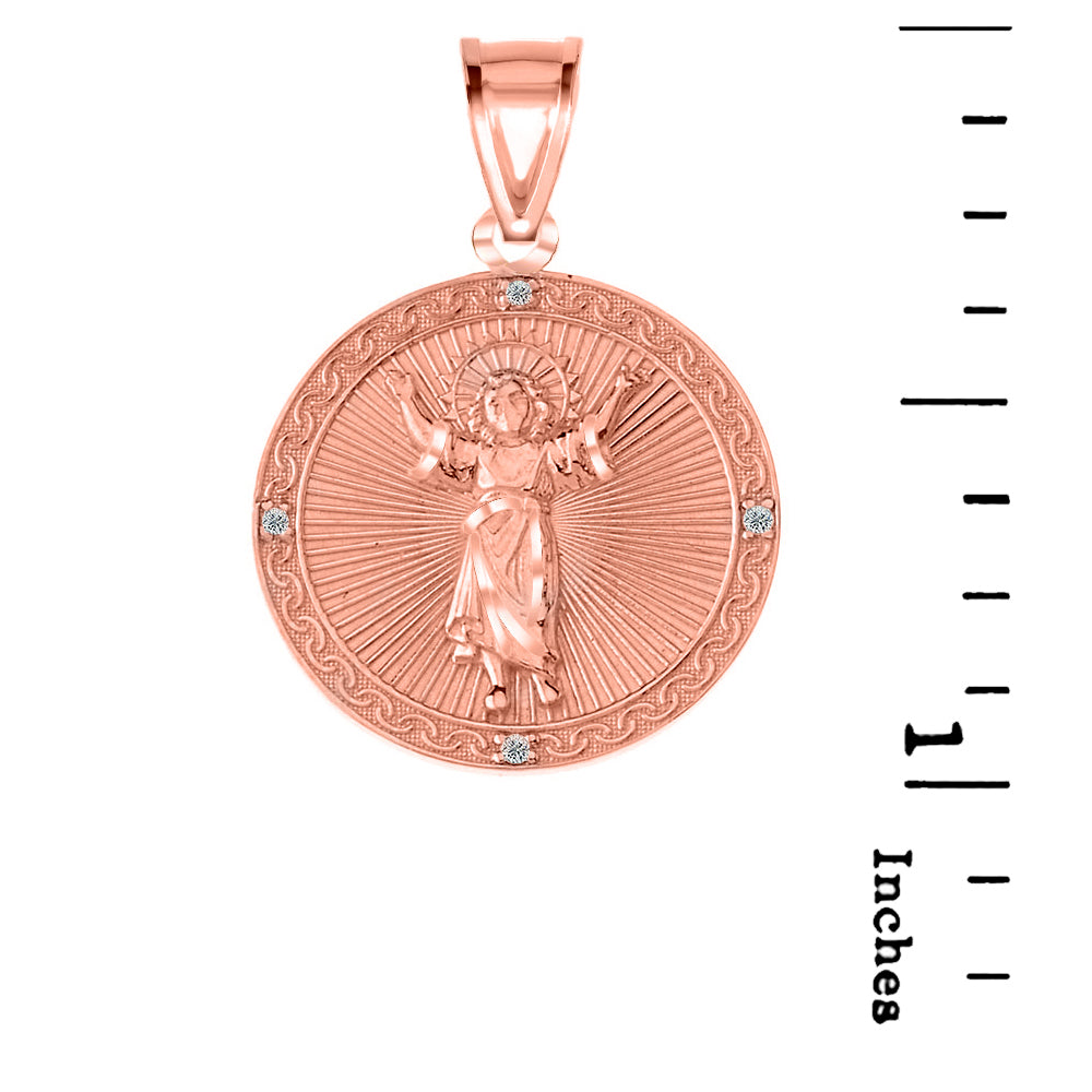 Solid Gold Diamond Divino Niño Jesus Round Medallion Pendant Necklace, view 4