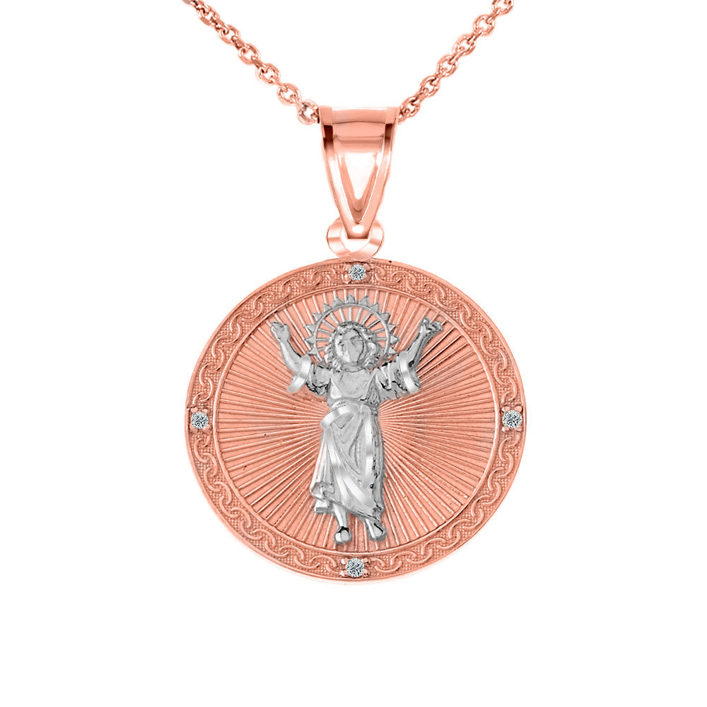 Solid Gold Diamond Divino Niño Jesus Round Medallion Pendant Necklace, view 7