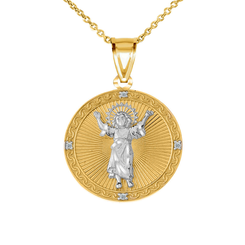 Solid Gold Diamond Divino Niño Jesus Round Medallion Pendant Necklace, view 8