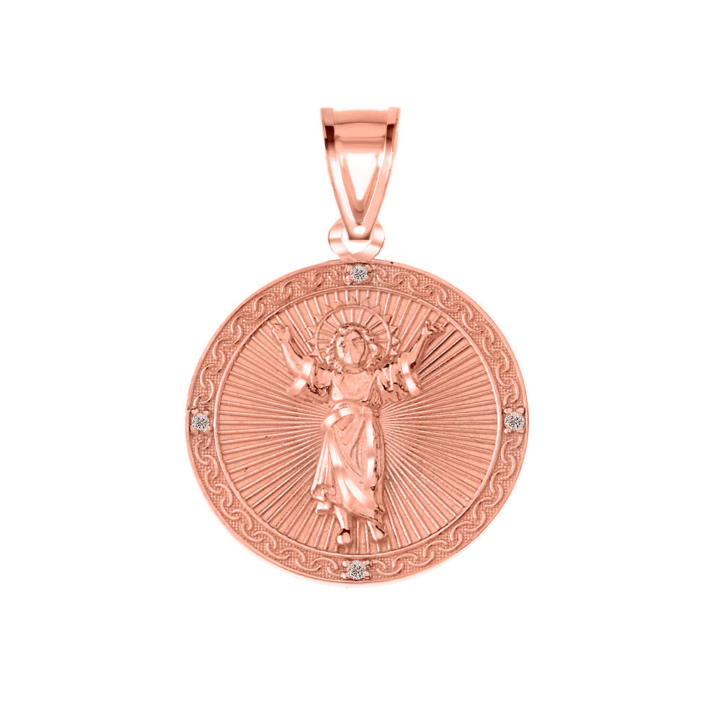 Solid Gold Diamond Divino Niño Jesus Round Medallion Pendant Necklace, view 10