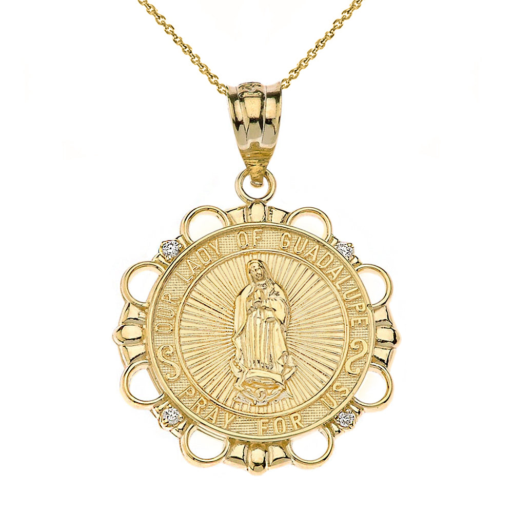 Solid Gold Diamond Our Lady of Guadalupe Pray For Us Circle Pendant Necklace