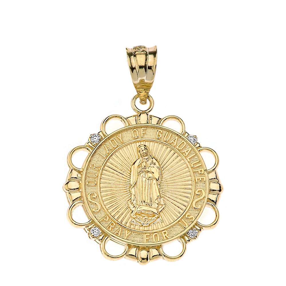 Solid Gold Diamond Our Lady of Guadalupe Pray For Us Circle Pendant Necklace, view 2