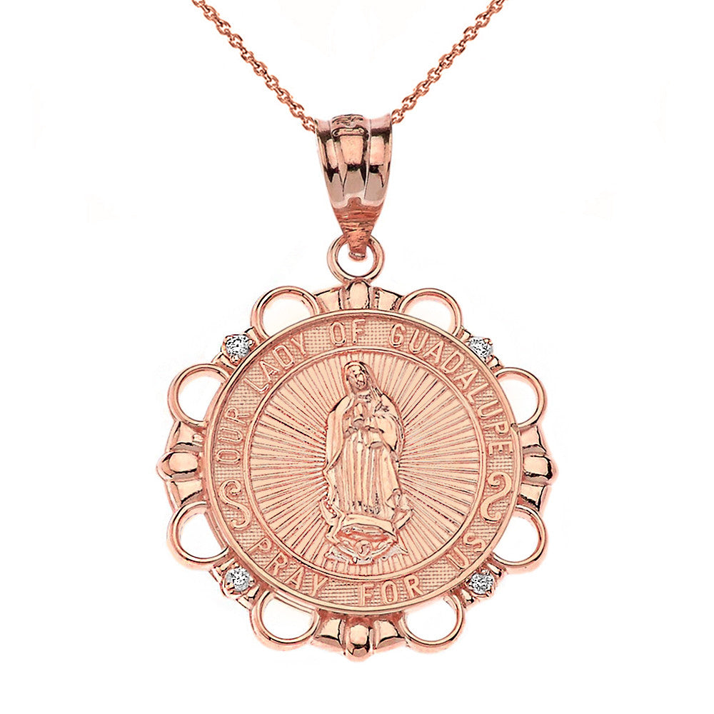 Solid Gold Diamond Our Lady of Guadalupe Pray For Us Circle Pendant Necklace, view 4