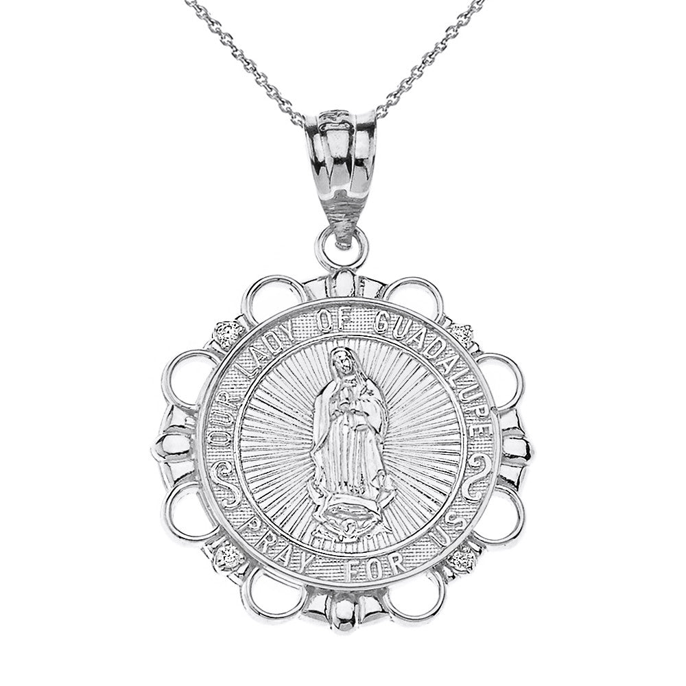Solid Gold Diamond Our Lady of Guadalupe Pray For Us Circle Pendant Necklace, view 5