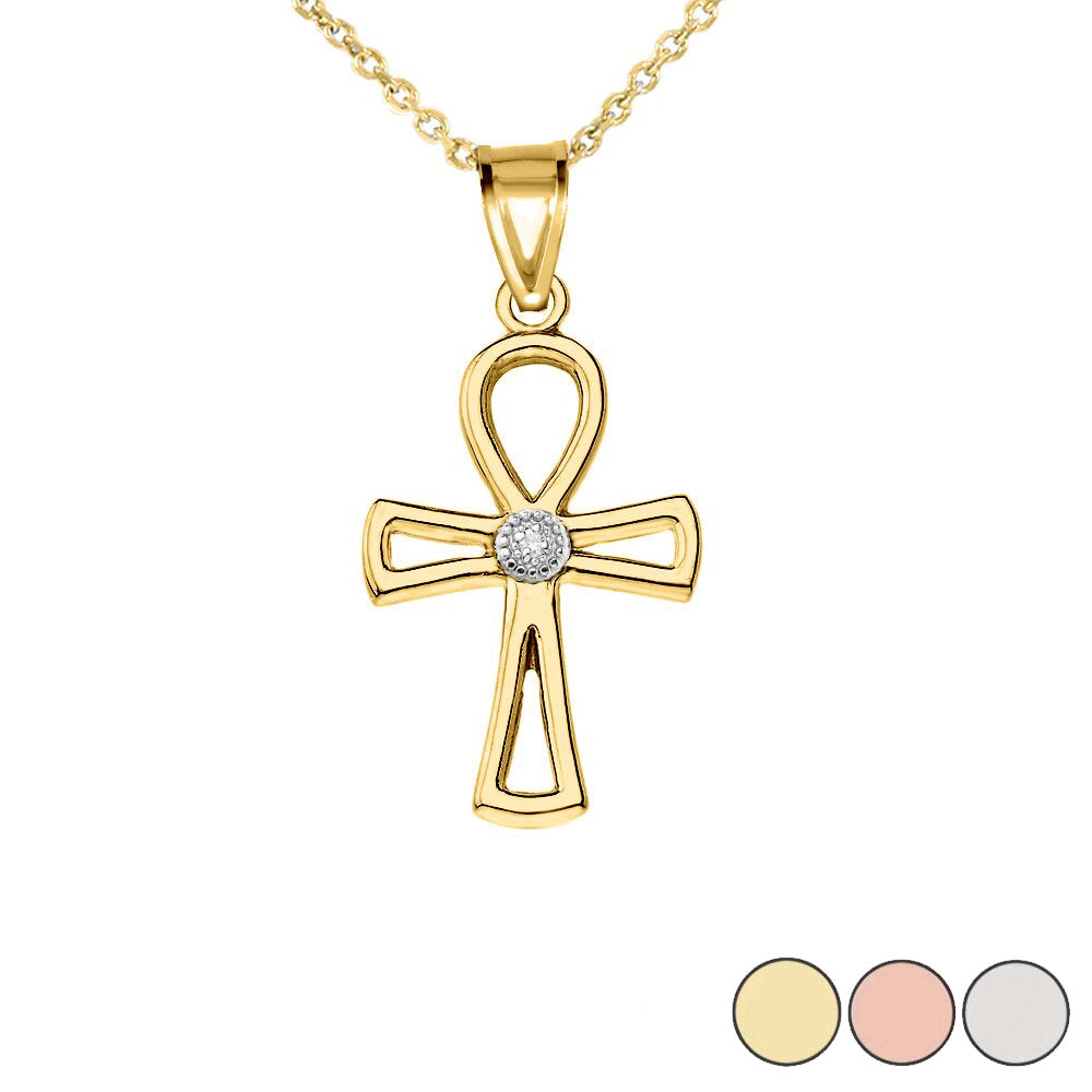 Solid Gold Diamond Outline Egyptian Ankh Cross Pendant Necklace