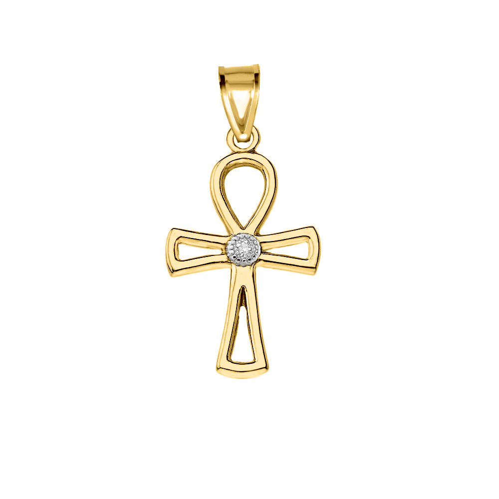 Solid Gold Diamond Outline Egyptian Ankh Cross Pendant Necklace, view 2