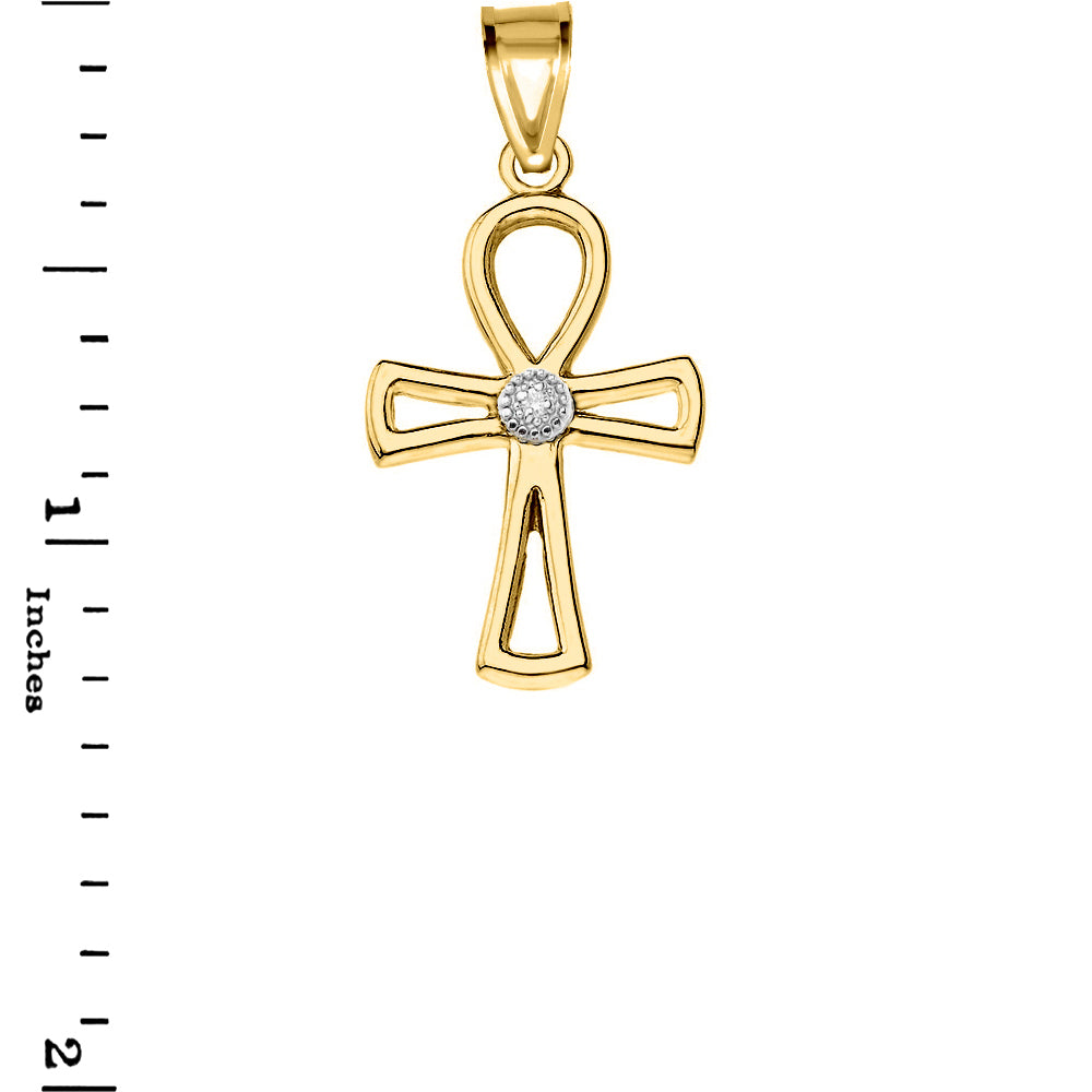 Solid Gold Diamond Outline Egyptian Ankh Cross Pendant Necklace, view 3