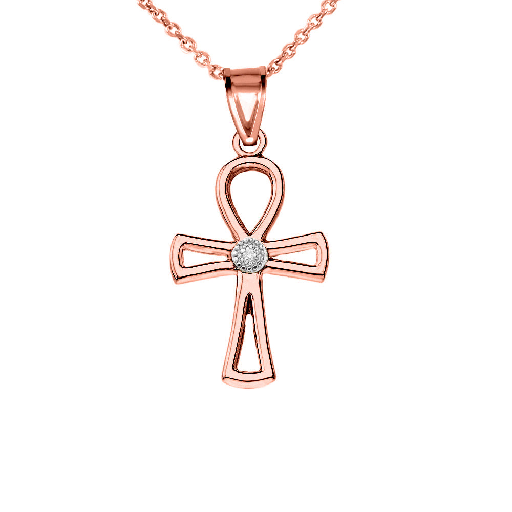 Solid Gold Diamond Outline Egyptian Ankh Cross Pendant Necklace, view 4