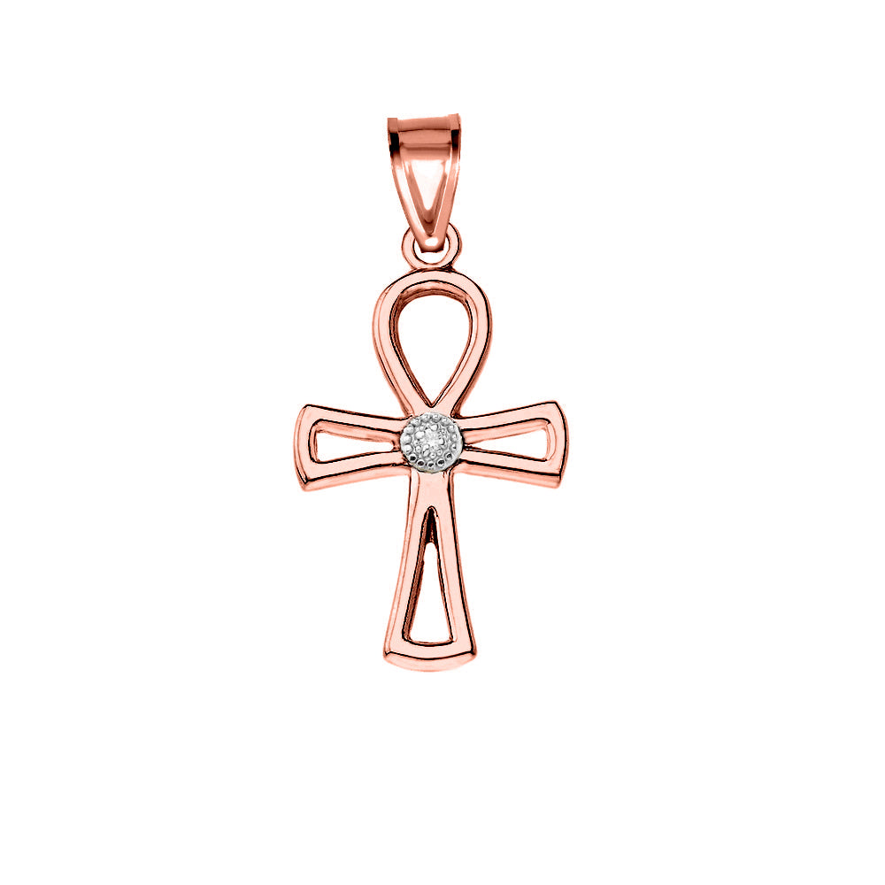 Solid Gold Diamond Outline Egyptian Ankh Cross Pendant Necklace, view 5