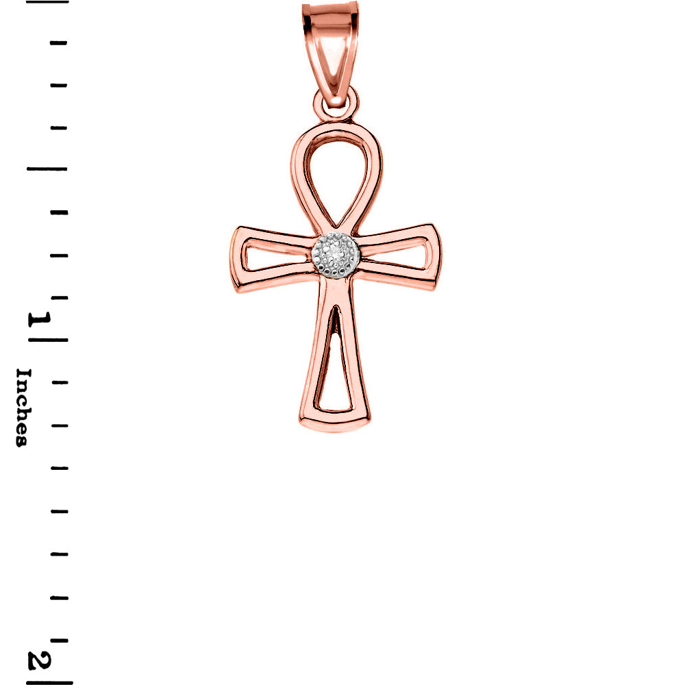 Solid Gold Diamond Outline Egyptian Ankh Cross Pendant Necklace, view 6