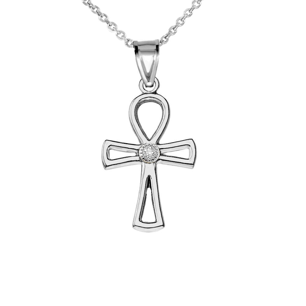 Solid Gold Diamond Outline Egyptian Ankh Cross Pendant Necklace, view 7