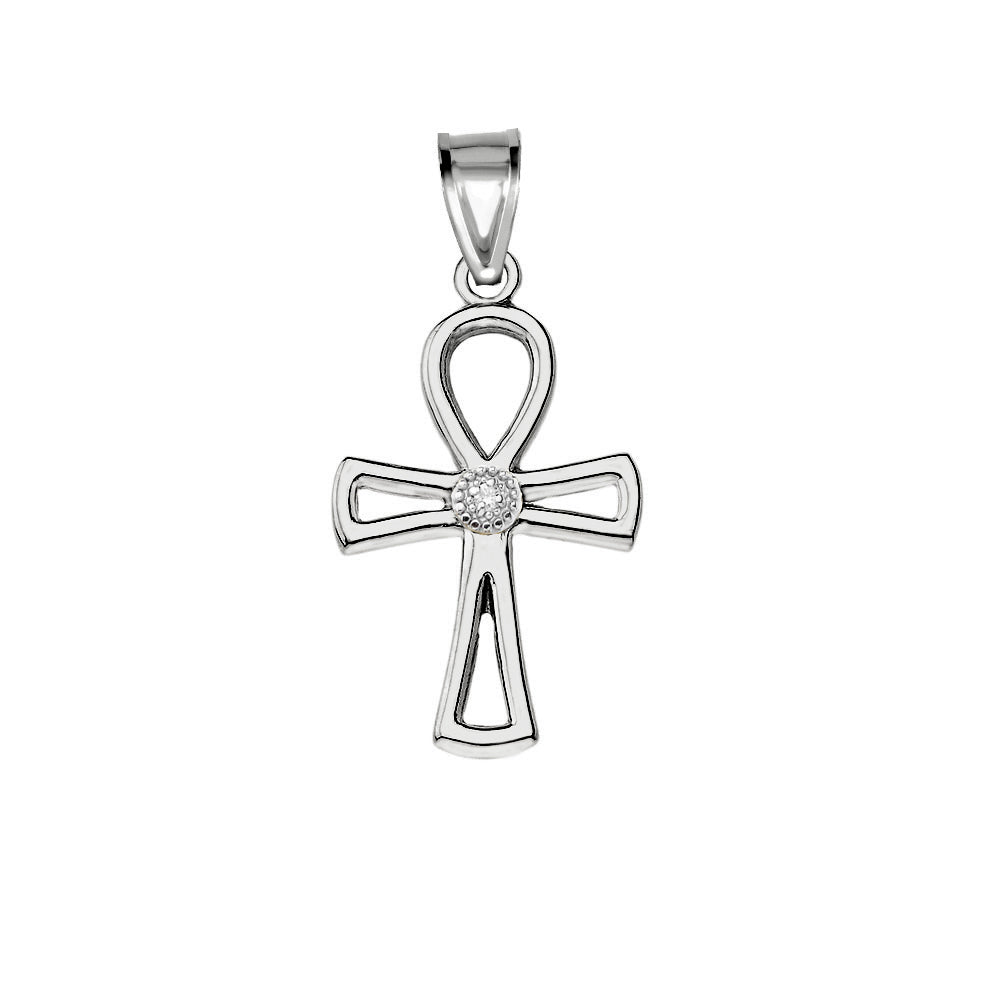 Solid Gold Diamond Outline Egyptian Ankh Cross Pendant Necklace, view 8