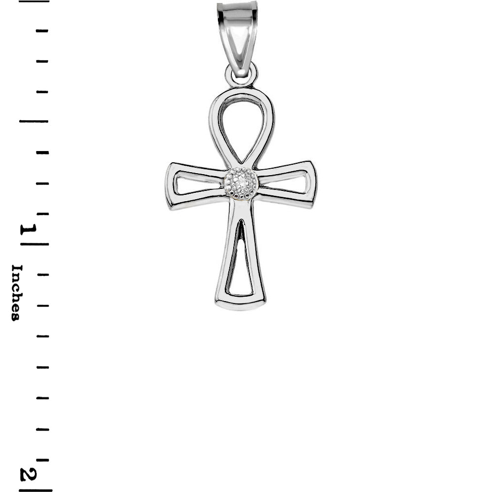 Solid Gold Diamond Outline Egyptian Ankh Cross Pendant Necklace, view 9