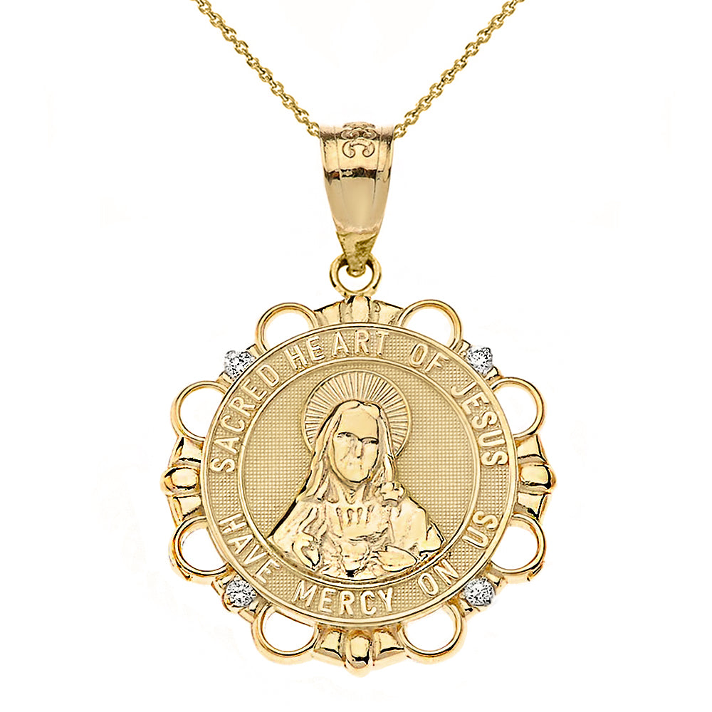 Solid Gold Diamond Sacred Heart of Jesus Have Mercy on Us Circle Pendant Necklace