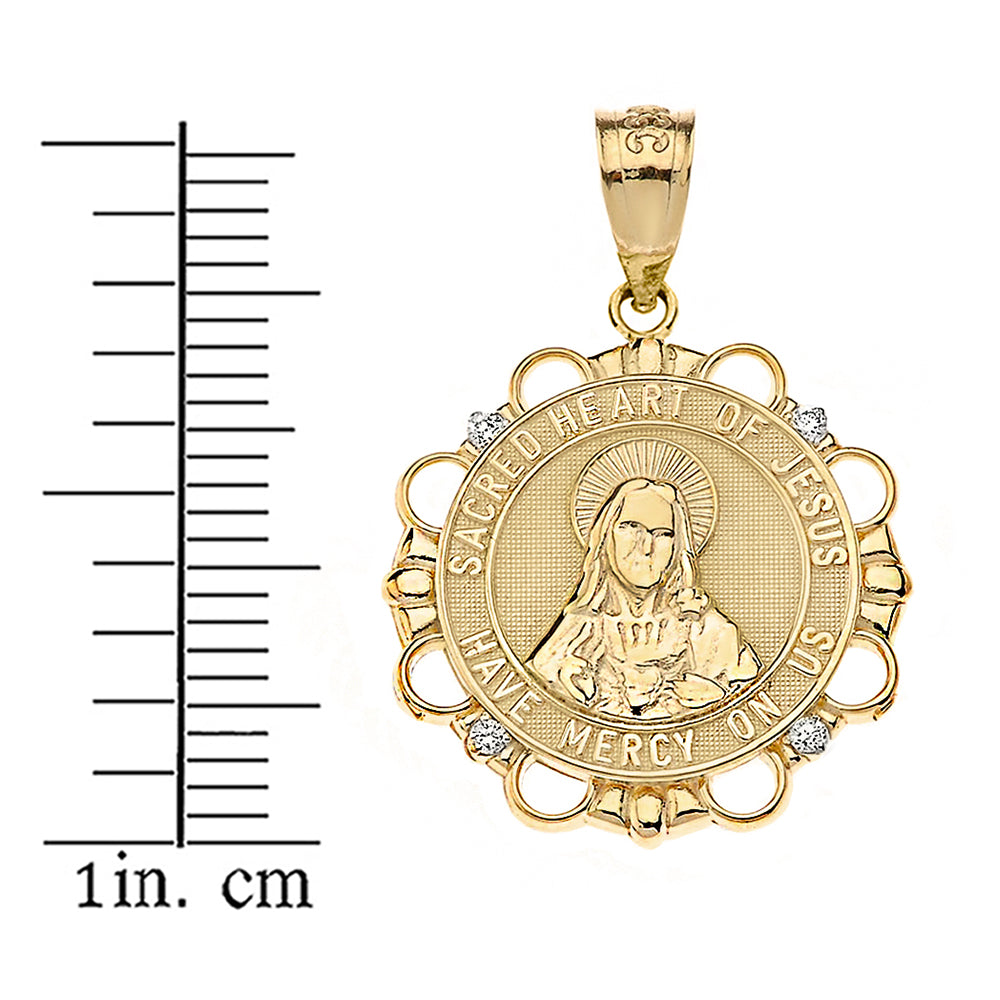 Solid Gold Diamond Sacred Heart of Jesus Have Mercy on Us Circle Pendant Necklace, view 2