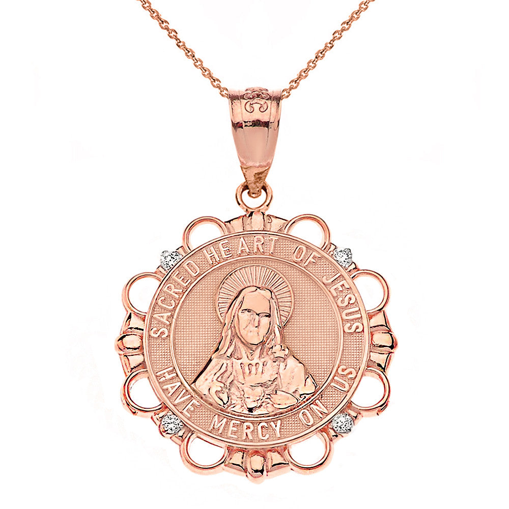 Solid Gold Diamond Sacred Heart of Jesus Have Mercy on Us Circle Pendant Necklace, view 3