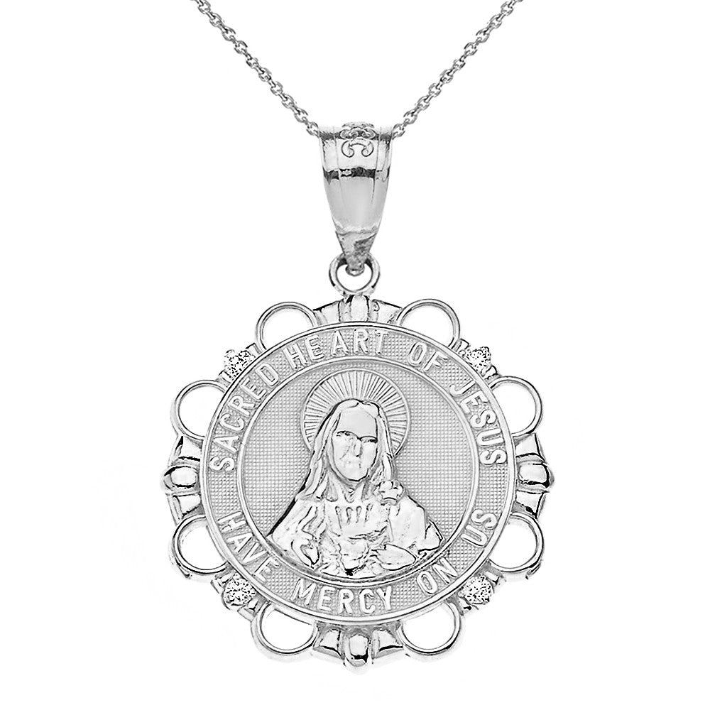 Solid Gold Diamond Sacred Heart of Jesus Have Mercy on Us Circle Pendant Necklace, view 4