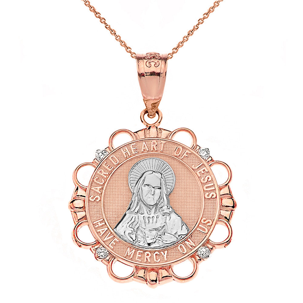 Solid Gold Diamond Sacred Heart of Jesus Have Mercy on Us Circle Pendant Necklace, view 5