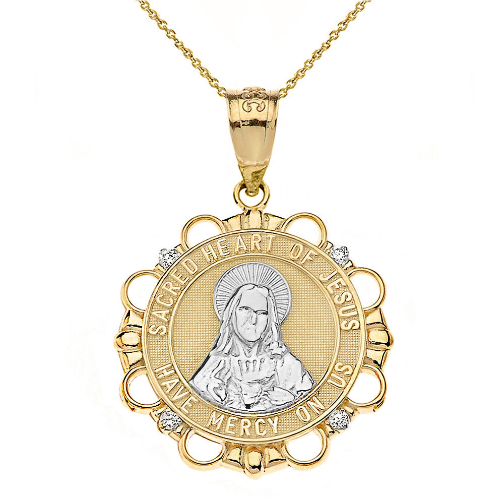 Solid Gold Diamond Sacred Heart of Jesus Have Mercy on Us Circle Pendant Necklace, view 6