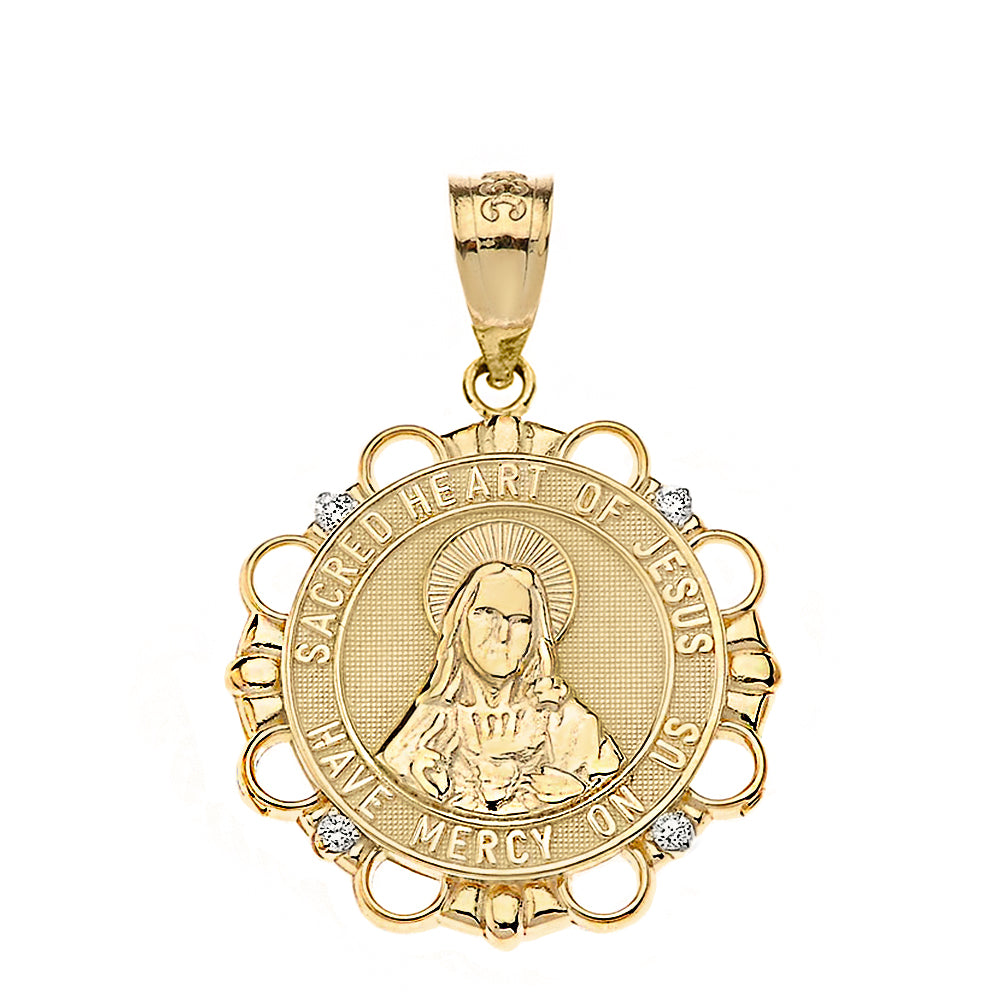 Solid Gold Diamond Sacred Heart of Jesus Have Mercy on Us Circle Pendant Necklace, view 7