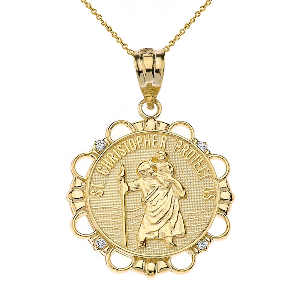Solid Gold Diamond Saint Christopher Pray For Us Circle Pendant Necklace